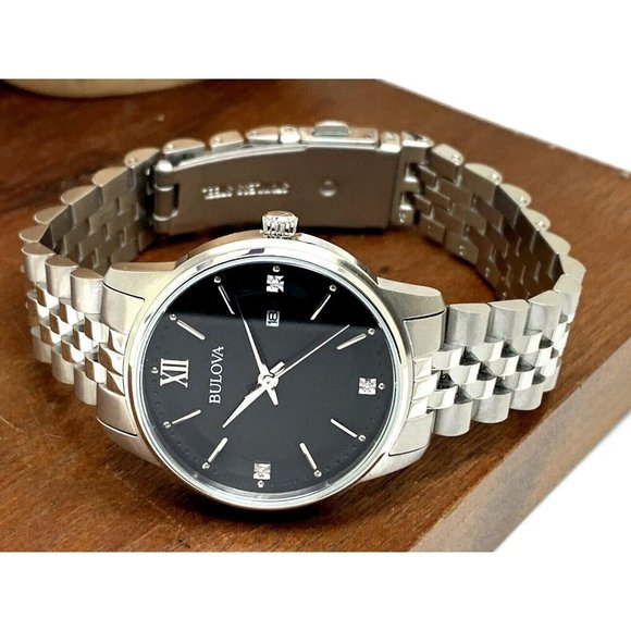 Bulova Women’s Watch 96P226 Silver Steel Diamond Black Dial Quartz 32mm - Picture 7 of 13